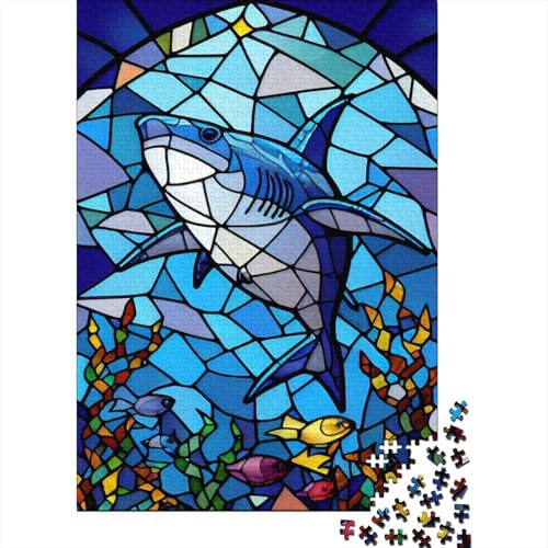 1000 Teile Hai-Puzzle mit Buntglasfenstern für Erwachsene, Halloween-Geschenk, Holzpuzzle für Erwachsene, Familienspaß und Spieleabend, 1000 Teile (75 x 50 cm) von VMDUHFY
