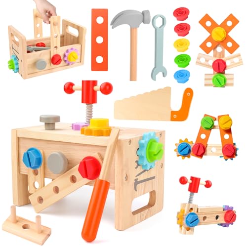 VMUTGA Werkzeugkoffer Kinder Werkbank Montessori Spielzeug, Holzspielzeug Werkzeugkoffer Kinder Werkzeug, Geschenk Junge Mädchen 2 3 4 Jahre Werkzeug Werkzeuggürtel Lernspiele ab 3 Jahren - 29 Stück von VMUTGA