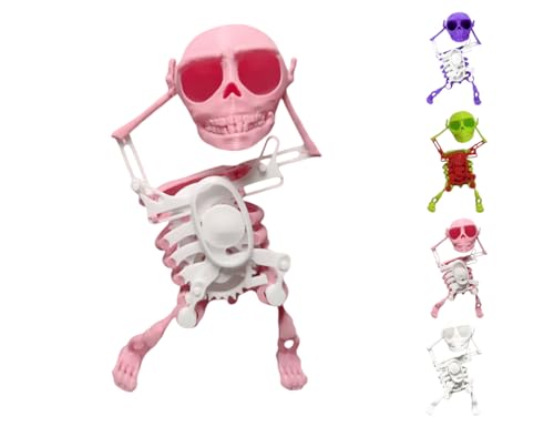 VNDGEOUH Tanzendes und schwingendes 3D-Totenkopf-Spielzeug, Halloween-Skelett-Aufziehmaschinen-Roboter mit leuchtenden Augen, lustiger, beweglicher Mini-Tanz-Totenkopf(Pink and White) von VNDGEOUH