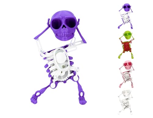 VNDGEOUH Tanzendes und schwingendes 3D-Totenkopf-Spielzeug, Halloween-Skelett-Aufziehmaschinen-Roboter mit leuchtenden Augen, lustiger, beweglicher Mini-Tanz-Totenkopf(Purple and White) von VNDGEOUH