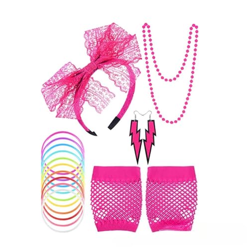 VNHATY 7-teiliges 80er-Jahre-Maskenball-Zubehör für Damen und Mädchen, rosarote Halskette, Ohrringe, Spitzen-Stirnband, Netzhandschuhe, geeignet für 80er-Jahre-Retro-Party-Rollenspiel-Zubehör VNHATY 7-teiliges 80er-Jahre-Maskenball-Zubehör für Damen und Mädchen, rosarote Halskette, Ohrringe, Spitzen-Stirnband, Netzhandschuhe, geeignet für 80er-Jahre-Retro-Party-Rollenspiel-Zubehör von VNHATY