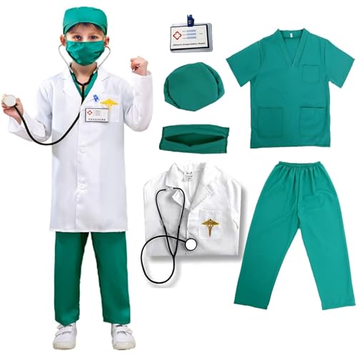 VNNOPG Kids Doctor Costume Doctors Nurse Outfit Set Child Role Play Costumes Fancy Dress Up Playsets with Lab Coat，Stethoscope，Mask and Scrubs Costume(110) von VNNOPG