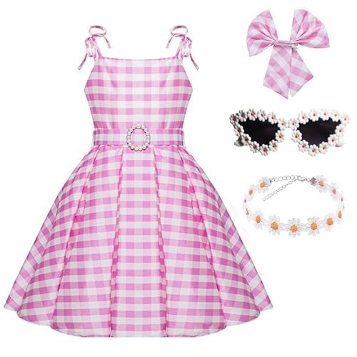VNNOPG Mädchen Prinzessin Anziehen Rosa Kostüm Film Cosplay Kleider Rosa Plaid Kleid Kinder Outfits Halloween mit Zubehör(140) von VNNOPG