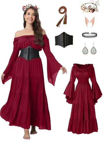 7-teiliges Hexenkleid für Halloween, Mittelalter, Renaissance, viktorianisches Vintage-Gothic-Kostüm, Cosplay, Feenkostüme (Weinrot, XXL) von VNVNE