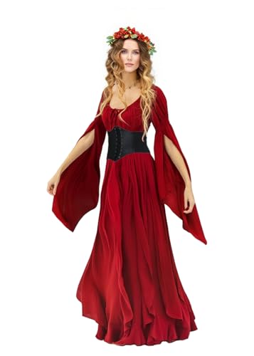 Damen Halloween Renaissance Fee Gothic Hexenkleid Mittelalter Viktorianischen Vintage Piraten Party Cosplay Ren Faire Kostüme, Weinrot, S Damen Halloween Renaissance Fee Gothic Hexenkleid Mittelalter Viktorianischen Vintage Piraten Party Cosplay Ren Faire Kostüme, Weinrot, S von VNVNE