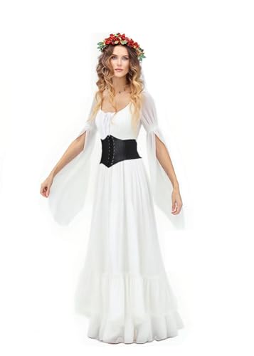 Damen Halloween Renaissance Fee Gothic Hexenkleid Mittelalter Viktorianischen Vintage Piraten Party Cosplay Ren Faire Kostüme, Weiss/opulenter Garten, XL von VNVNE