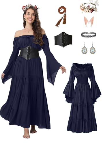 Hexenkleid für Damen, Halloween, Mittelalter, Renaissance, viktorianisch, Vintage, Gothic, Cosplay, Feen-Kostüm, Marineblau, Größe L, 7 Stück von VNVNE