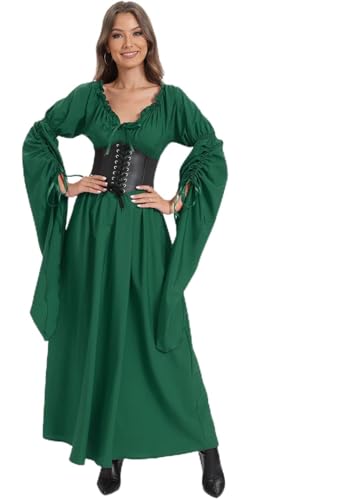 VNVNE Halloween Renaissance Hexenkleid für Damen, viktorianisches Vintage-Mittelalterliches Piraten-Bauern-Gothic-Feen-Cosplay-Kostüme, Grün , M von VNVNE