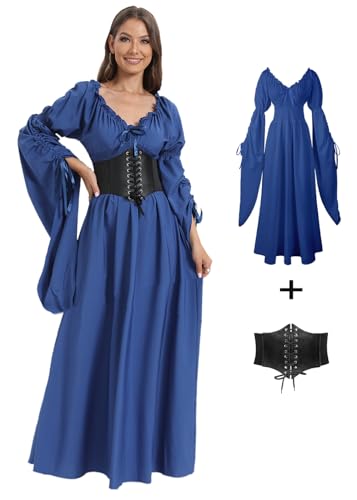 VNVNE Halloween Renaissance Hexenkleid für Frauen, viktorianischer Vintage Mittelalter Pirat Bauer Gothic Fee Cosplay Kostüme, Marineblau, XL von VNVNE