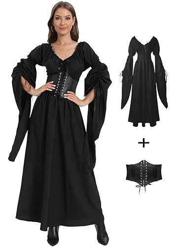 VNVNE Halloween Renaissance Hexenkleid für Damen, viktorianisches Vintage-Mittelalterliches Piraten-Bauern-Gothic-Feen-Cosplay-Kostüme, Schwarz, 3XL von VNVNE