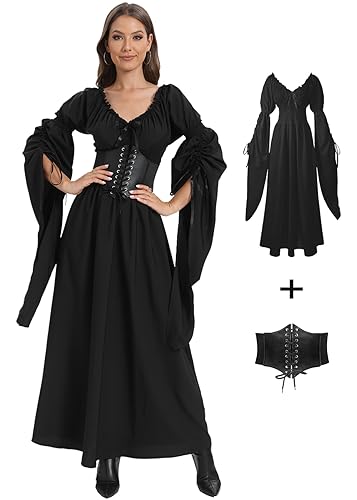 VNVNE Halloween Renaissance Hexenkleid für Frauen, viktorianischer Vintage Mittelalter Pirat Bauer Gothic Fee Cosplay Kostüme, Schwarz, L von VNVNE