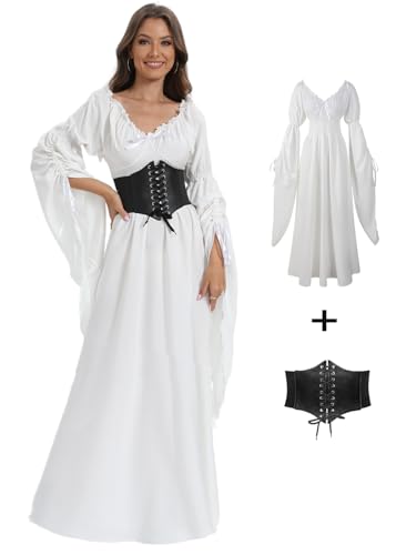 VNVNE Halloween Renaissance Hexenkleid für Frauen, viktorianischer Vintage Mittelalter Pirat Bauer Gothic Fee Cosplay Kostüme, Weiss/opulenter Garten, M VNVNE Halloween Renaissance Hexenkleid für Frauen, viktorianischer Vintage Mittelalter Pirat Bauer Gothic Fee Cosplay Kostüme, Weiss/opulenter Garten, M von VNVNE