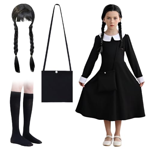 4 Stück Wednesday Kostüm Kinder Set, Wensdey Kostüm Mädchen Schwarz Gothic Kleid Kinder mit Perücke Tasche Socken Karneval Kostüm Adam Kostüm Mädchen für Karneval Cosplay Halloween Party, 140cm von VOHESEA