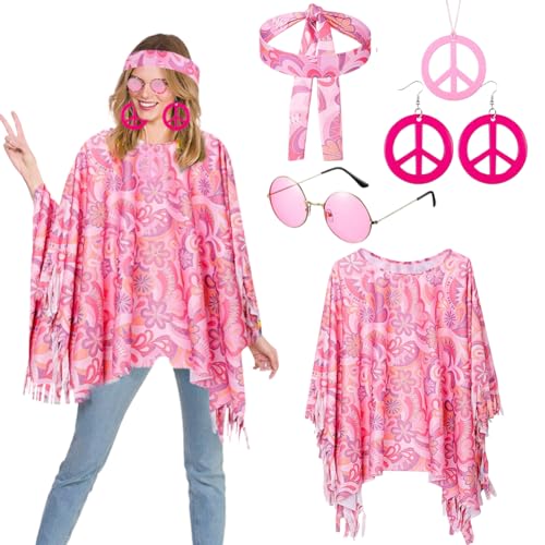 5 Stück Hippie Kostüm Set, Karneval Kostüm Damen Hippie mit Hippie Poncho Damen Frieden Zeichen Halskette Hippie Sonnenbrillen Ohrringe Stirnband, 60er 70er Jahre Bekleidung Accessoires für Damen 5 Stück Hippie Kostüm Set, Karneval Kostüm Damen Hippie mit Hippie Poncho Damen Frieden Zeichen Halskette Hippie Sonnenbrillen Ohrringe Stirnband, 60er 70er Jahre Bekleidung Accessoires für Damen von VOHESEA