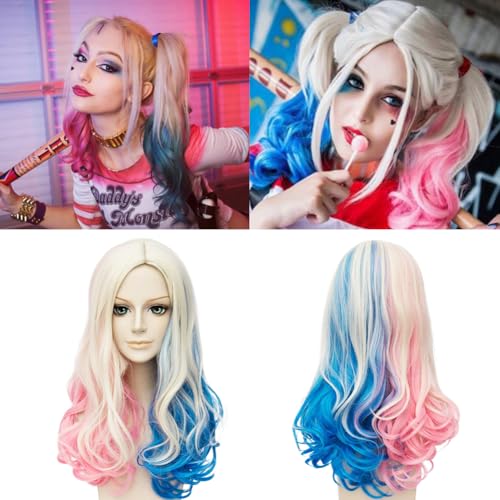Quinn Cosplay Perücke, Kostüm Perücke Damen, Halloween Quinn Perücke Damen, Rosa und Blau Cosplay Perücke Suicide Squad für Mädchen Damen Halloween Karneval Fasching Kostüme Party von VOHESEA