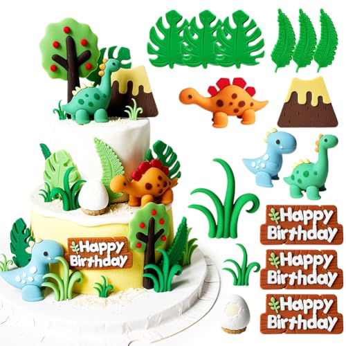 Luxury Dinosaurier Kuchendekoration, 16 Stück Dino Tortendeko, Dinosaurier Themen Kuchen Dekoration, Dschungel Tortendeko Junge, Dino Party Kuchen Dekoration, Tortenfiguren Set für Kinder Junge von VOHESEA