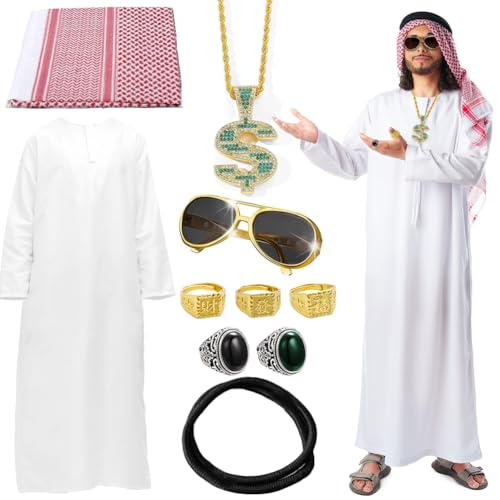 Scheich Kostüm Herren, 10 Stück Araber Kostüm Herren Set mit Arabisches Weißes Gewand, Kopftuch, Finger Ring, Sonnenbrillen, Faschingskostüm Araber Scheich Kostüm Herren für Karneval Party Cosplay, XL Scheich Kostüm Herren, 10 Stück Araber Kostüm Herren Set mit Arabisches Weißes Gewand, Kopftuch, Finger Ring, Sonnenbrillen, Faschingskostüm Araber Scheich Kostüm Herren für Karneval Party Cosplay, XL von VOHESEA