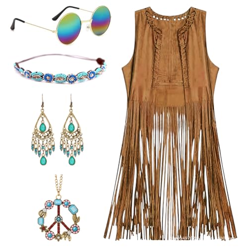 Hippie Kostüm Damen Set, 5 Stück Hippie Kleidung Damen, 60er 70er Jahre Bekleidung Damen mit Hippie Brille, Braun Fransenweste Damen, Damen Disco Outfit, Hippie Accessoires Karneval Faschingskostüme von VOHESEA