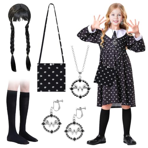 6 Stück Wednesday Kostüm Kinder Set, Wensdey Kostüm Mädchen Schwarz Gothic Kleid Kinder mit Perücke Ohrringe Tasche Socken Halsketten Kinder Karneval Kostüm für Karneval Cosplay Halloween Party, 130cm von VOHESEA