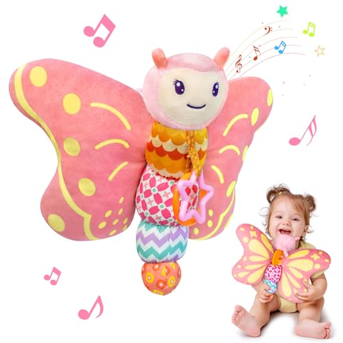 Baby-Spielzeug, 0–6 Monate, musikalisches sensorisches Stofftier mit Quietscher, Rassel, Knisterflügel, Beißring und Ring zum Aufhängen, Bauchspielzeug für Neugeborene, 0–3–6–12 Monate, Geschenk für Baby-Spielzeug, 0–6 Monate, musikalisches sensorisches Stofftier mit Quietscher, Rassel, Knisterflügel, Beißring und Ring zum Aufhängen, Bauchspielzeug für Neugeborene, 0–3–6–12 Monate, Geschenk für von VOILBTOY