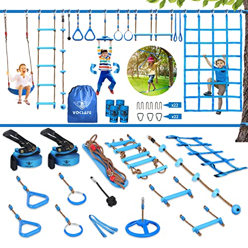 VOKSAFE 152 m wetterfeste Ninja-Krieger hängende Hinderniskurslinie Hinterhof-Trainingsausrüstungs-Set für Kinder, 12 Hindernisse, wie Gehschnur, Netz, Schaukel von VOKSAFE