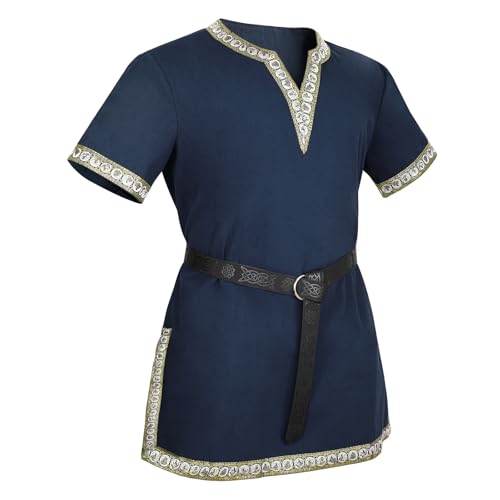VONMELLI Herren Mittelalter Kostüm Hemden Renaissance Vintage Tunika Wikinger Ritter Pirat mit Schwarz Wikinger Gürtel für Halloween Cosplay Blau M von VONMELLI