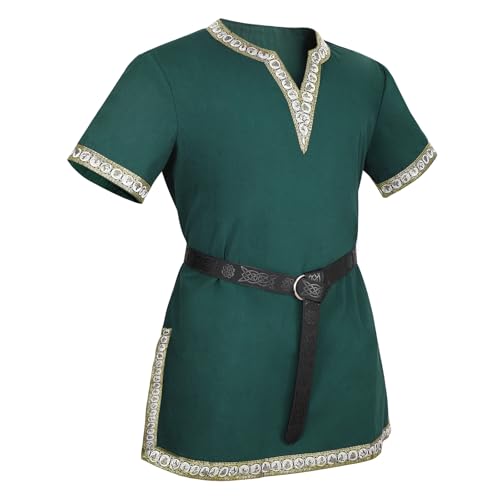 VONMELLI Herren Mittelalter Kostüm Hemden Renaissance Vintage Tunika Wikinger Ritter Pirat mit Schwarz Wikinger Gürtel für Halloween Cosplay Grün L von VONMELLI