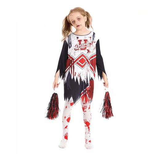 VOPIWOZ Halloween Cheerleader Kostüm Kinder Set Zombie Kostüm Mädchen Mit Cheerleader Pompons und Blutbefleckten Strümpfen, Zombie Cheerleader Kostüm Mädchen Geeignet für Kinder von 5-11 Jahren(XL) von VOPIWOZ