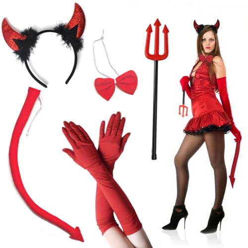 VOPIWOZ Teufel Kostüm Damen 5-Teiliges Set, Halloween Teufelshörner, Dreizack Teufel, Rote Handschuhe Lang, Fliege & Teufelsschwanz, für Damen Halloween Karneval Masquerade Mottoparty Cosplay von VOPIWOZ