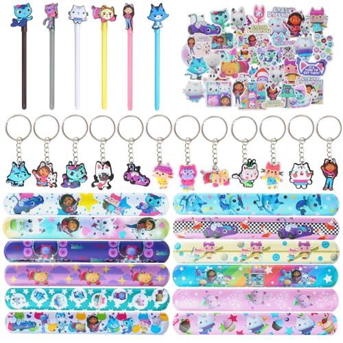 VOPLLS 80Pcs Gabby Kindergeburtstag Mitgebsel Set, Gabby Party Mitgebsel Geburtstag Deko, 12 Slap Armbänder Clap Bracelets, 12 Schlüsselanhänger, 6 Gel-Tintenstifte, 50 Aufkleber von VOPLLS