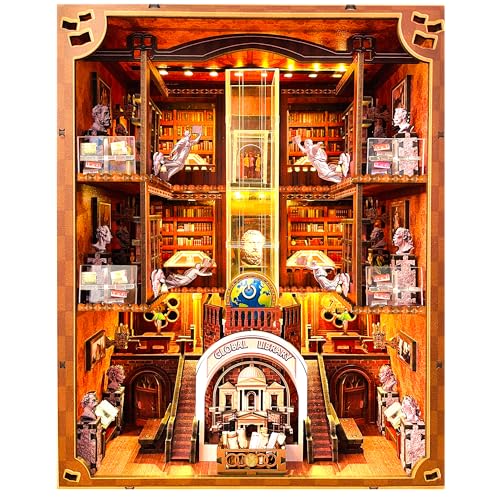 Book Nook Kit, Global Library Booknook mit LED-Licht, DIY Miniatur Puppenhaus, Dual Power Options (Batterie/Typ-C), einzigartiges Bücherregal-Dekor, Geschenk für Erwachsene und Jugendliche von VORATHIS