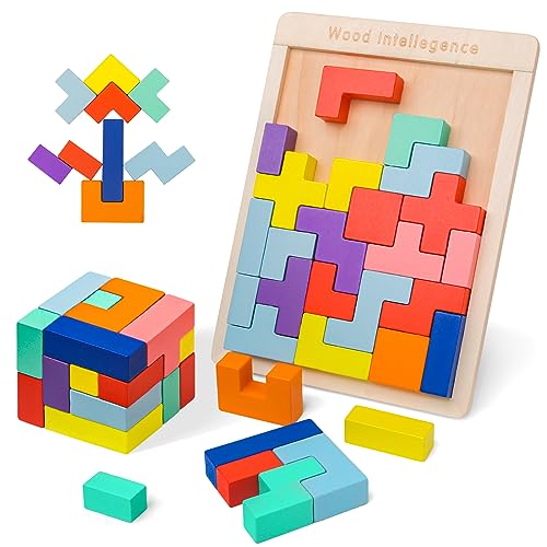 VORHOT 3D Puzzle Tetris Spiel Kinder, Holzpuzzle mit 30 Stück Intelligenz Bunte Bausteine, Montessori Spielzeug, Gehirn Spielzeug ab 3 4 5 Jahre, Lernspielzeug Geschenk für Jungen Mädchen von VORHOT