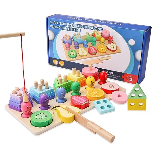 VORHOT 3-in-1 Montessori Spielzeug, Holz Sortier & Stapelspielzeug Steckpuzzle mit 20 Geometrische Baukasten, Fruchtschnitt, Magnetisch Fischereispielzeug, Shape Sorter Puzzles für Jungen Mädchen von VORHOT