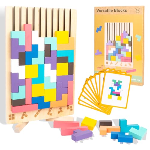 VORHOT Tetris Holzspiel, Holz Tetris Montessori Spielzeug ab 3 4 5 Jahre, Holzpuzzle Stapelsteine Kinder Lernspielzeug Holzspielzeug, Gehirn Spielzeug mit 10 Karten, Geschenk für Jungen Mädchen VORHOT Tetris Holzspiel, Holz Tetris Montessori Spielzeug ab 3 4 5 Jahre, Holzpuzzle Stapelsteine Kinder Lernspielzeug Holzspielzeug, Gehirn Spielzeug mit 10 Karten, Geschenk für Jungen Mädchen von VORHOT