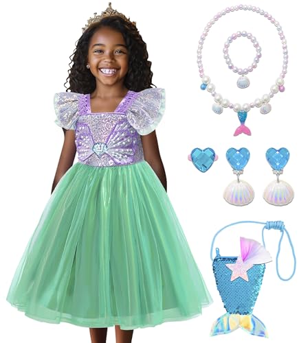 VORLITS Kleine Meerjungfrau Kostüm Kleid für Mädchen Kinder Prinzessin Arielle Kleid Cosplay Rollenspiel mit Meerjungfrau Outfit Zubehör von VORLITS