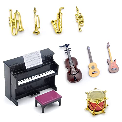 Puppenhaus Miniatur Musikinstrumenten Set, 11 Stück Puppenhaus Mini Musikinstrument Modell 1/12 Klavier Violine E-Gitarre, Mini Saxophon für Wichtel Zubehör Mini Musikzimmer Zubehör Möbel Deko von VOSSOT