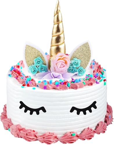 VOSOOT Einhorn Tortendeko Gold mit Künstliche Wimpern und Basis, 3d Einhorn Kuchen Deko für Geburtstag Mädchen, Einhorn Deko Torte Kindergeburtstag Party Hochzeit,Geeignet für Kindergeburtstage von VOSSOT