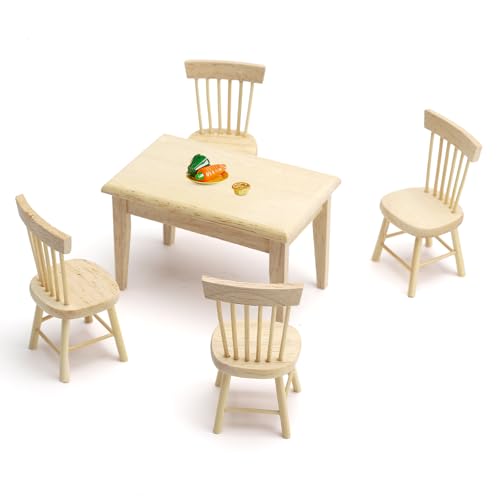 VOSSOT 5 Stück Puppenhaus Schreibtischstuhl Set 1:12 Mini Tisch und Stuhl Ornamente Miniatur MöBel Puppenhaus MöBel Holz Miniatur Esstisch Miniatur GartenmöBel für Wichtelhaus, Sammler, DIY Projekte von VOSSOT