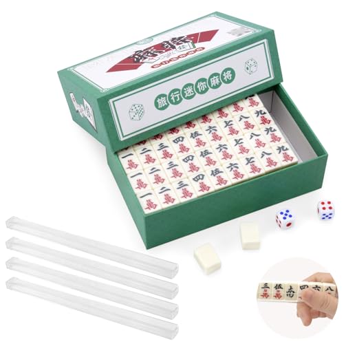 VOSSOT Mini Mahjong Set, Majongsteine Spiel, Traditionelles Chinesisches Mah Jong Set Mit 144 Majong Spielsteine, mit Racks und Würfeln, für Familie Reise Spiel Tabletop Spiel Brettspiel von VOSSOT