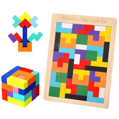 VOSSOT Tetris Spiel 3D Puzzle, Holzspielzeug ab 3 Jahre Holzspielzeug ab 4 Jahre mit 30pcs Bunte Bausteine, Tangram Erwachsene Kindergarten Spielzeug Lernspielzeug Geschenk für Jungen Mädchen von VOSSOT