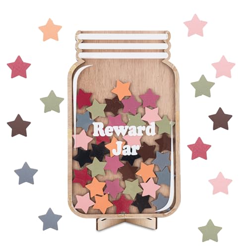 Belohnungsglas Kinder Sternen, Holz Magnetisch Belohnungssystem, Belohnungstafel Magnetwand mit 36 Großformat Sterne, Reward Jar für Kinderzimmer, Klassenzimmer, Lernbüro, Lehrerbedarf, 25×15cm von VOYANTE