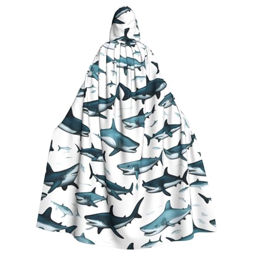 Haifisch-Muster mit verschiedenen Gesten, bedruckt, volle Länge, mit Kapuze, Unisex, Umhang für Halloween, Cosplay und Mittelalter-Festivals von VPPUR