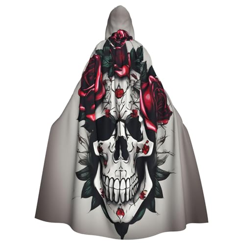 VPPUR Roter Rosen-Totenkopf-Druck, volle Länge, mit Kapuze, Unisex, Umhang für Halloween, Cosplay und Mittelalter-Festivals von VPPUR