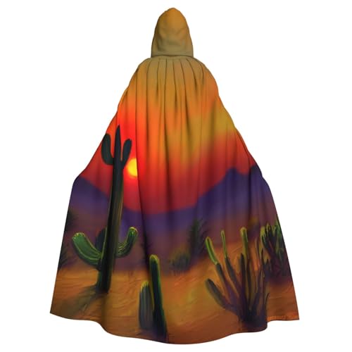 VPPUR Sonnenuntergang Kaktus in Wüste Druck, volle Länge, Unisex, Umhang mit Kapuze, für Halloween, Cosplay und Mittelalter-Festivals von VPPUR
