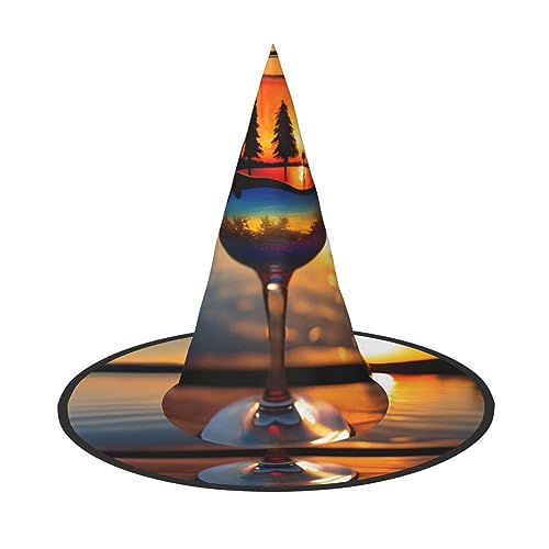 VPPUR Sonnenuntergang Weinglas Druck Zauberer Hut Erwachsene Karneval Halloween Hut Party Zubehör Mottopartys Cosplay von VPPUR