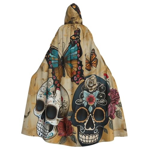 VPPUR Unisex Umhang mit Totenköpfen und Schmetterlings-Aufdruck, volle Länge, mit Kapuze, für Halloween, Cosplay und Mittelalter-Festivals von VPPUR