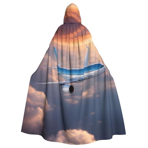 VPPUR Wunderschöner Unisex-Umhang mit Himmelsflugzeug-Druck, volle Länge, mit Kapuze, für Halloween, Cosplay und Mittelalter-Festivals von VPPUR