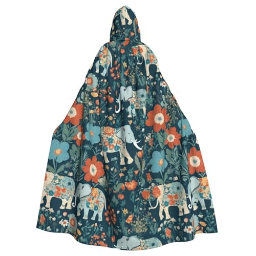 VPPUR Wunderschönes Wiesenmuster mit floralem Elefant im Druck, volle Länge, mit Kapuze, Unisex, Umhang für Halloween, Cosplay und mittelalterliche Festivals von VPPUR