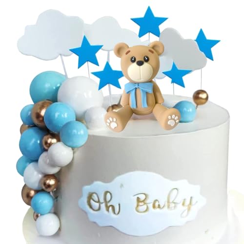 VROLUVTQ 38PCS Teddybär Kuchen Dekoration,Teddybär Cake Picks,Bär Cake Topper,Gender Reveal Party Dekoration Bär Theme Kuchendekoration,Blau&Gold Babyparty Deko Mädchen Junge von VROLUVTQ