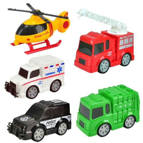 VROLUVTQ 5 Autospielzeug Set Zurückziehen Stadtautos Flugzeug Feuerwehrauto Polizeiautos Krankenwagen Müllwagen Feuerwehrautos Hubschrauber,Kinderspielset Die Cast Spielzeugautos Set von VROLUVTQ